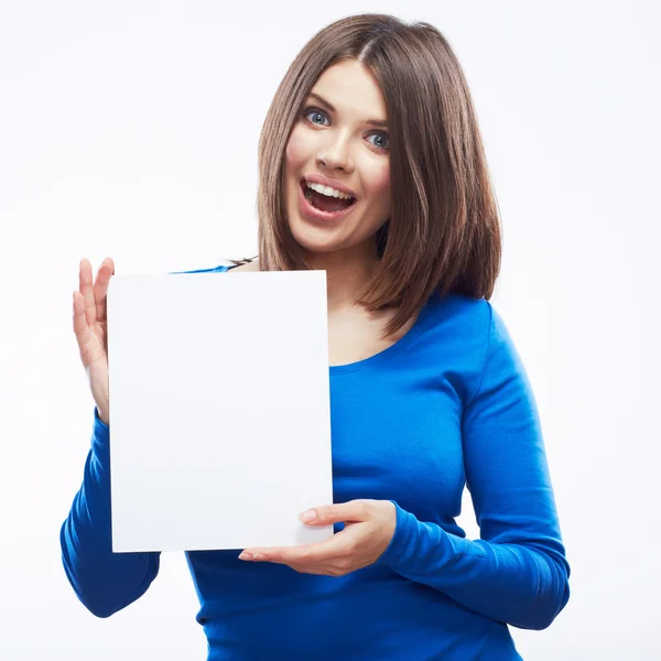 Woman student hold white blanc card — Stock Photo, Image