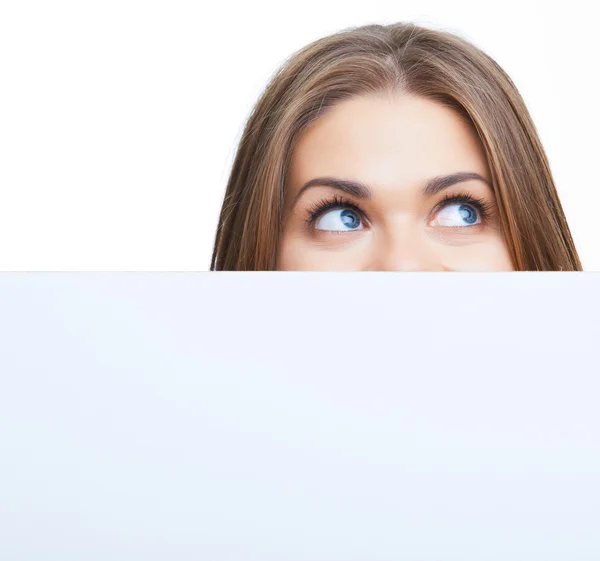 Mujer mostrando letrero en blanco — Foto de Stock