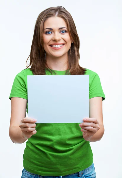 Vrouw bedrijf leeg bord — Stockfoto