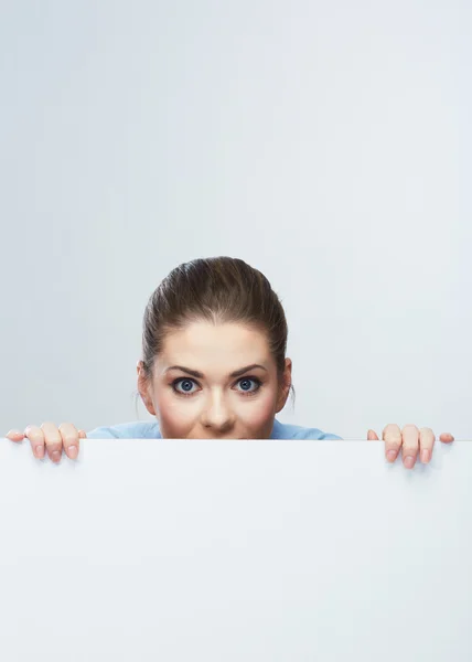 Business woman face looking out white banner. — Stock Photo, Image