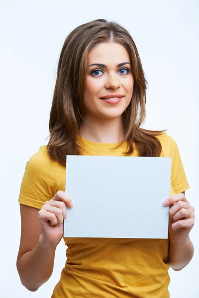 Mujer sosteniendo tarjeta blanca —  Fotos de Stock