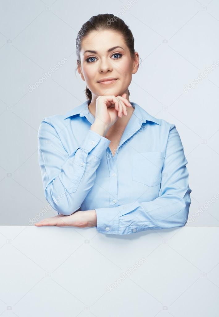 Busines woman blanc white banner, card isolated studio portrait