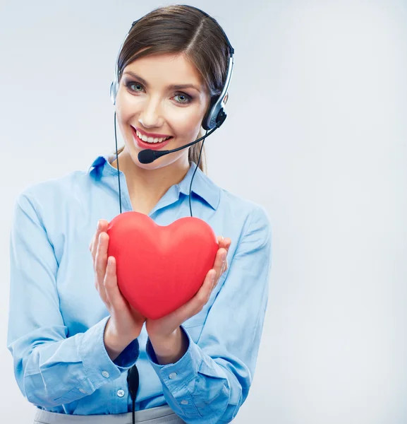 女人电话中心操作员持有爱标志的情人节。r — 图库照片