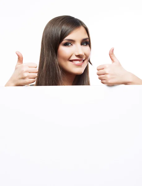 Sorrindo mulher mostrando polegar ups — Fotografia de Stock