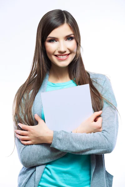 Smiling woman with white board — Stock Photo, Image