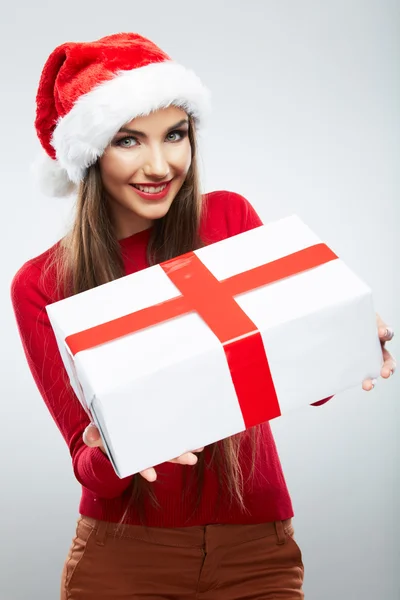 Santa menina segurando presente de Natal — Fotografia de Stock