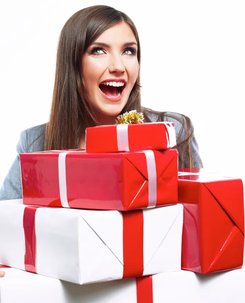 Woman holds gift boxes — Stock Photo, Image