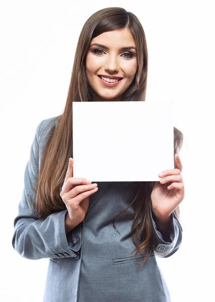 Geschäftsfrau halten Banner, weißer Hintergrund Porträt. — Stockfoto