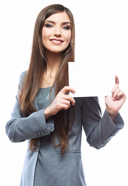 Diente sonrisa mujer de negocios mantenga pancarta, fondo blanco portr —  Fotos de Stock