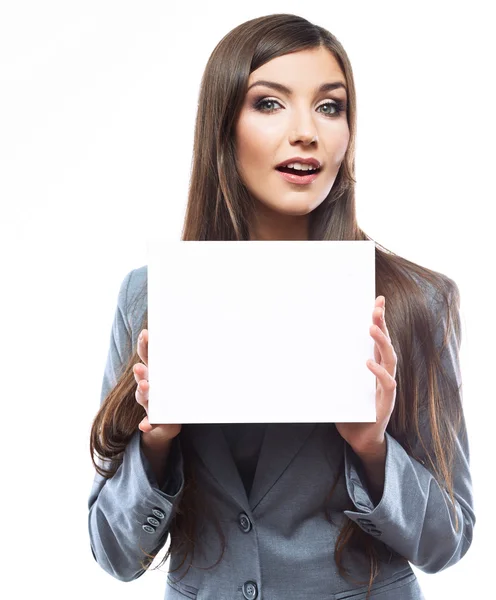 Frau weißes Banner zeigen. — Stockfoto