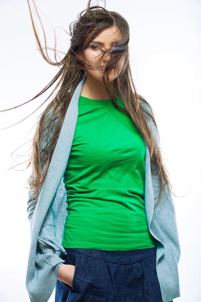 Avslappnad stil kvinna med motion hår — Stockfoto