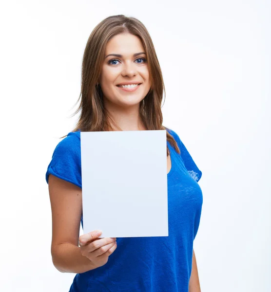 Frau zeigt leeres Schild — Stockfoto