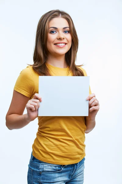 Žena držící blanc kartu — Stock fotografie