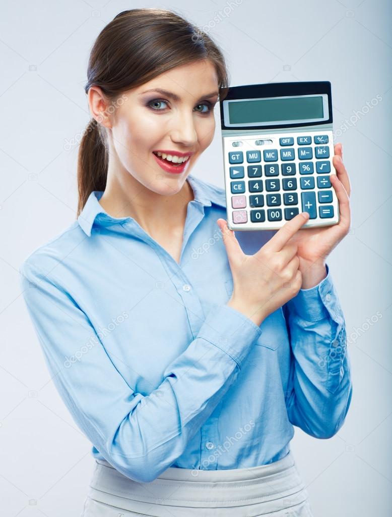 Business woman holding count machine