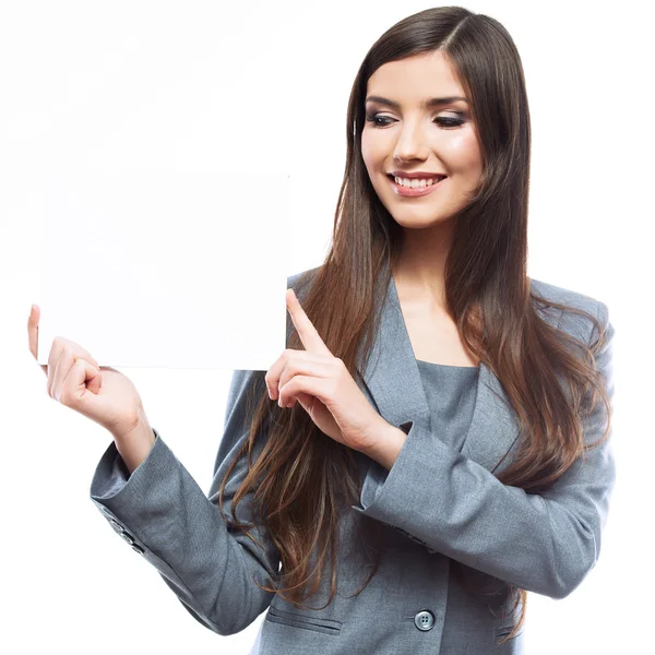 Mulher de negócios segurando banner em branco — Fotografia de Stock