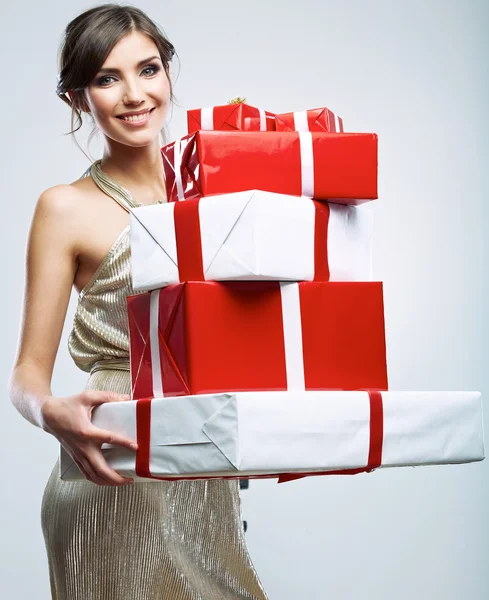 Woman holding gift boxes — Stock Photo, Image