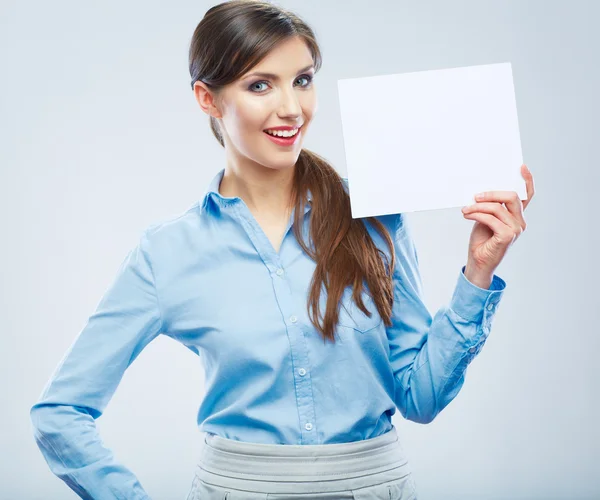 Mujer de negocios con pancarta, retrato de fondo blanco. Hembra —  Fotos de Stock