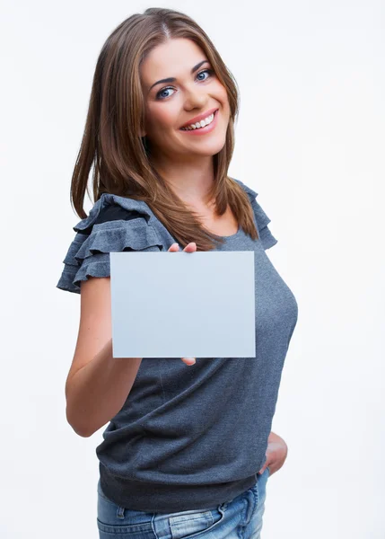 Kobieta trzyma karty blanc — Zdjęcie stockowe