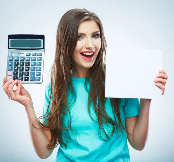 Isolated woman hold count machine. Isolated female portrait. — Stock Photo, Image