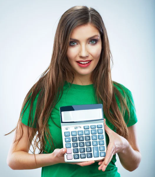 Vrouw bedrijf rekenmachine — Stockfoto