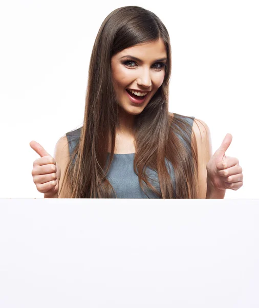 Portrait of woman with blank banner and thumb up — Stock Photo, Image