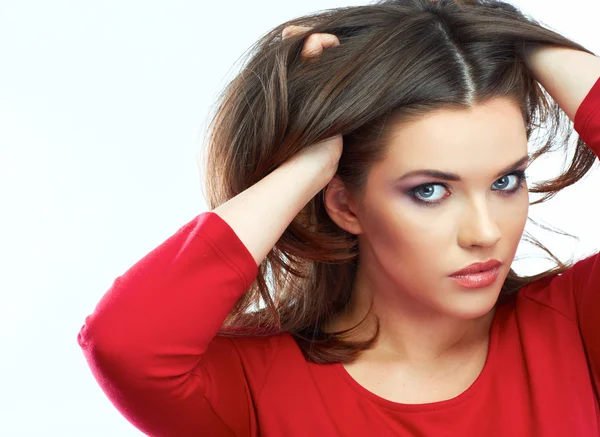 Close up portrait of woman with raised hands — Stock Photo, Image