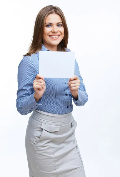 Geschäftsfrau zeigt Schild — Stockfoto