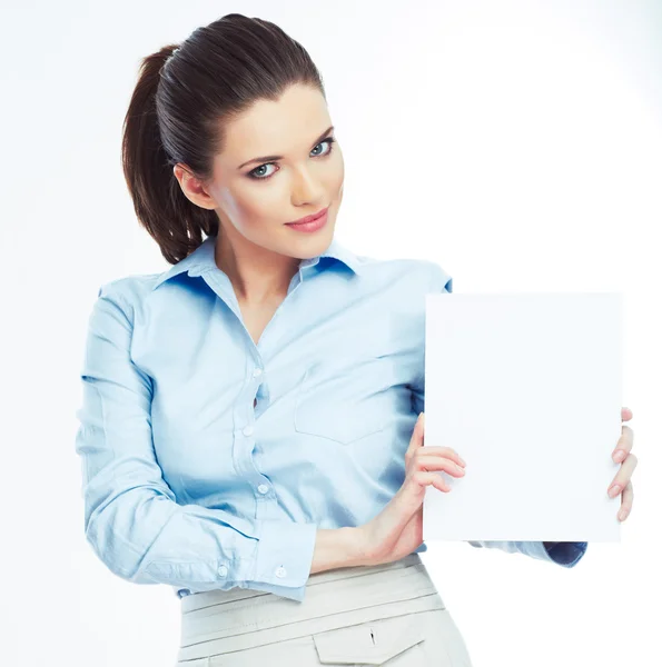 Business woman holding paper banner — Stock Photo, Image
