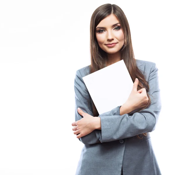 Mulher de negócios segurando banner em branco — Fotografia de Stock