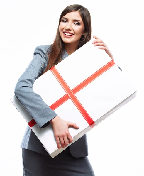 Portrait of woman holding gift box — Stock Photo, Image