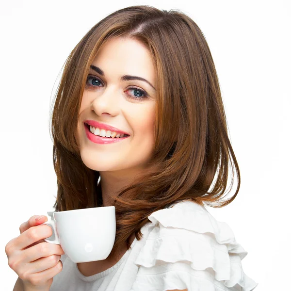 Vrouw met koffie kopje geïsoleerd — Stockfoto