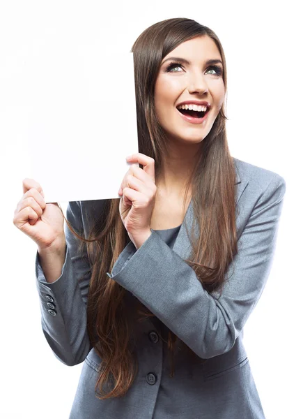 Mujer de negocios sosteniendo banner en blanco —  Fotos de Stock