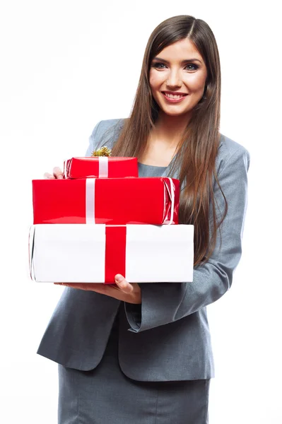 Ritratto di donna d'affari con scatole regalo — Foto Stock