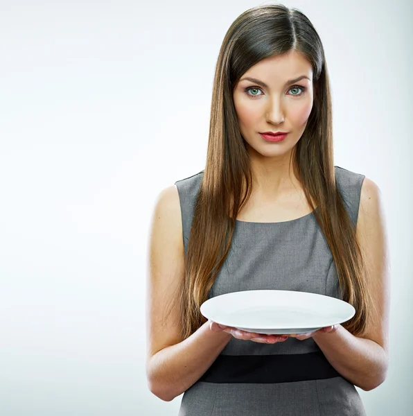 Retrato de mujer de negocios mantenga vacío plato blanco . —  Fotos de Stock