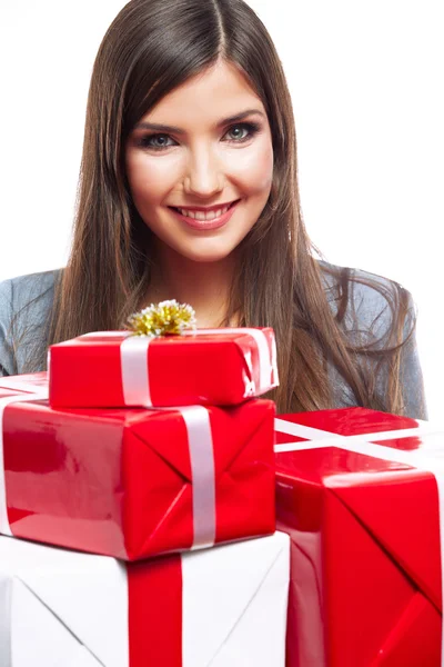 Close up portrait of woman holding gift boxes — Stock Photo, Image