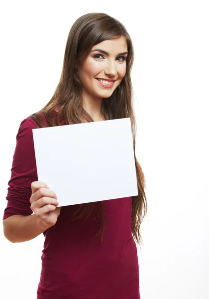 Woman holding white blank paper — Stock Photo, Image