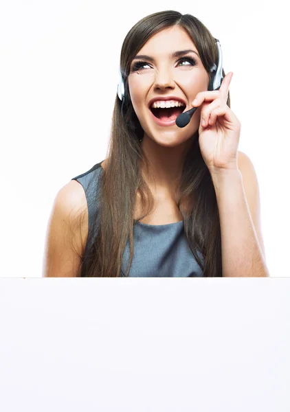 Close up portrait of customer service worker with blank banner — Stock Photo, Image