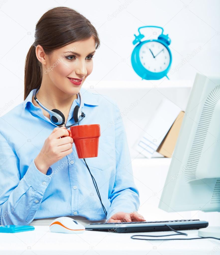 Business woman time out concept, red coffee cup. Break the work