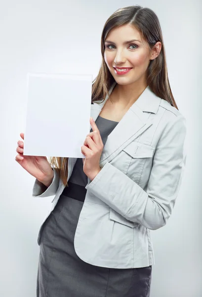 Podnikání žena drží nápis — Stock fotografie