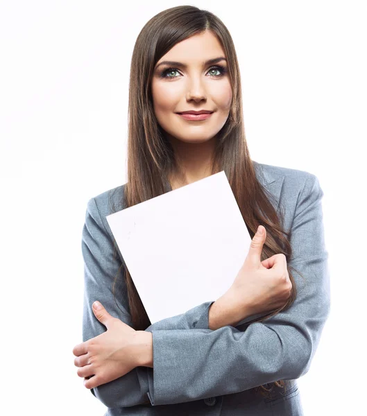 Business woman holding blank banner — Stock Photo, Image