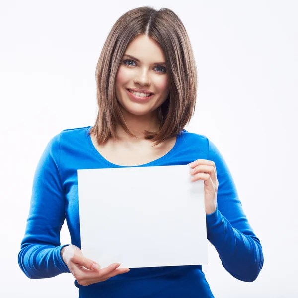 Woman student hold white blanc card isolated on white backgroun — Stock Photo, Image