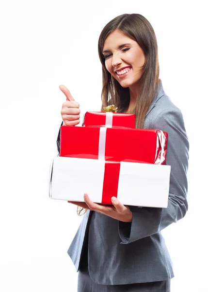 Retrato de mujer de negocios sosteniendo cajas de regalo —  Fotos de Stock