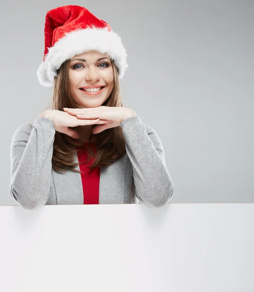 Femme en santa chapeau avec bannière vierge — Photo