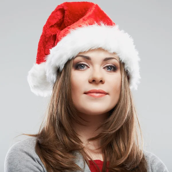 Noel Baba şapkalı kadın portresi yukarıya kapatmak — Stok fotoğraf