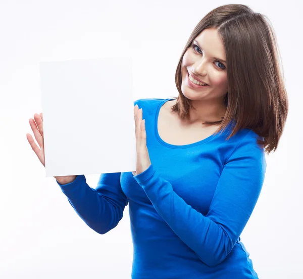 Женщина студентка держать белый бланк карты изолированы на белой backgroun — стоковое фото