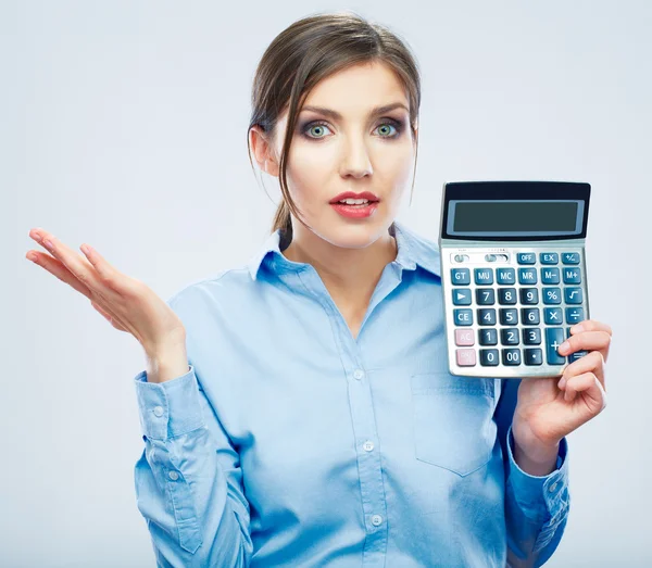 Business woman trouble concept with count machine — Stock Photo, Image