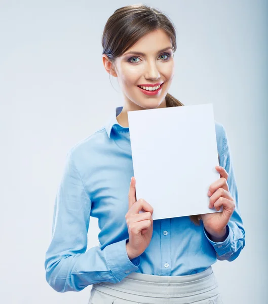 Geschäftsfrau hält Banner, weißer Hintergrund isoliert Portrait — Stockfoto