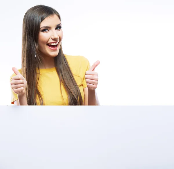 Portrait of woman with blank banner — Stock Photo, Image