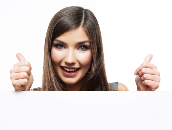 Close up portrait of woman with blank banner showing thumb up — Stock Photo, Image