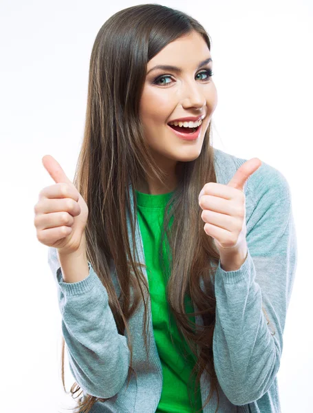 Portrait of smiling woman with thumb up — Stock Photo, Image